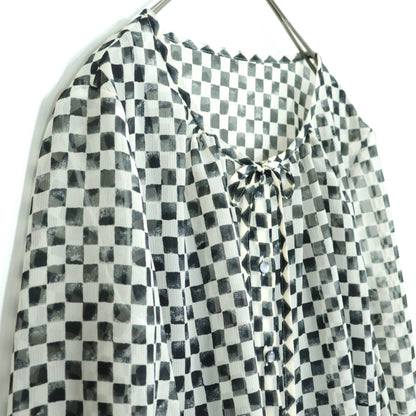 【美品・紙タグ有】アクアスキュータム★シフォン♪七分袖ブラウス&ロングスカート サイズ8 黒×白系 ブロックチェック♪薄手 z22074