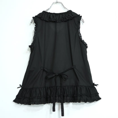 【美品】ピンクハウス★サテンリボンいっぱい♪ノースリーブローンブラウス 黒系 前開き 2023年製！薄手 z22173