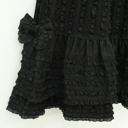 【極美品】ピンクハウス★びっしり縦フリル♪ローンギャザースカート 黒系 裾かぶせ段々&リボン♪z23280