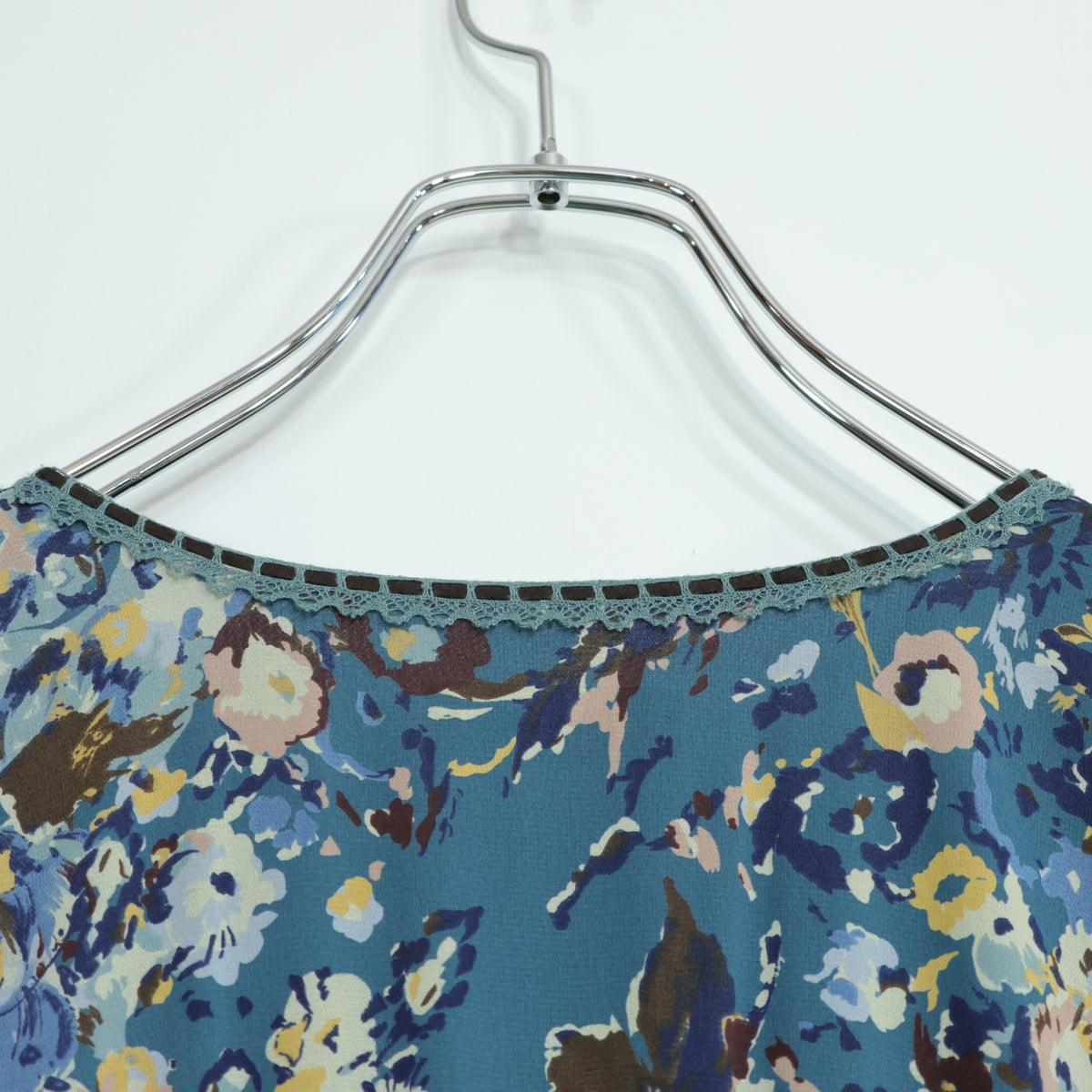 インゲボルグ★はしごレース&ベロアリボン♪花柄シフォンワンピース サイズ9 青緑系 薄手 z22247