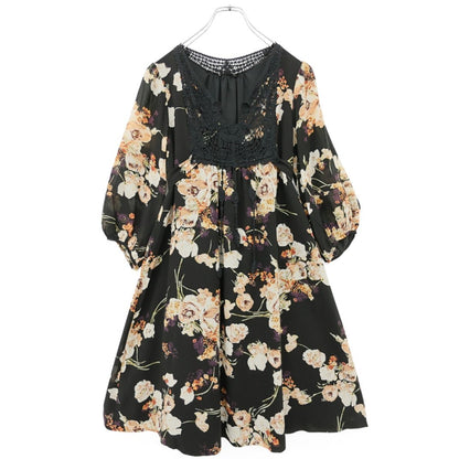 インゲボルグ★胸元レース使い♪花柄シフォンワンピース サイズ9 黒系 薄手 z23318