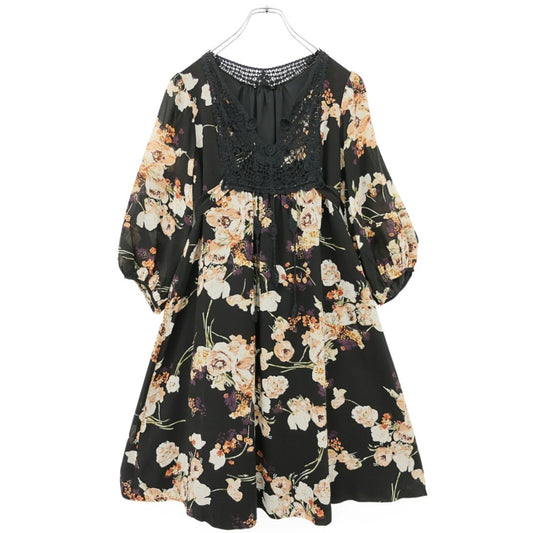 インゲボルグ★胸元レース使い♪花柄シフォンワンピース サイズ9 黒系 薄手 z23318