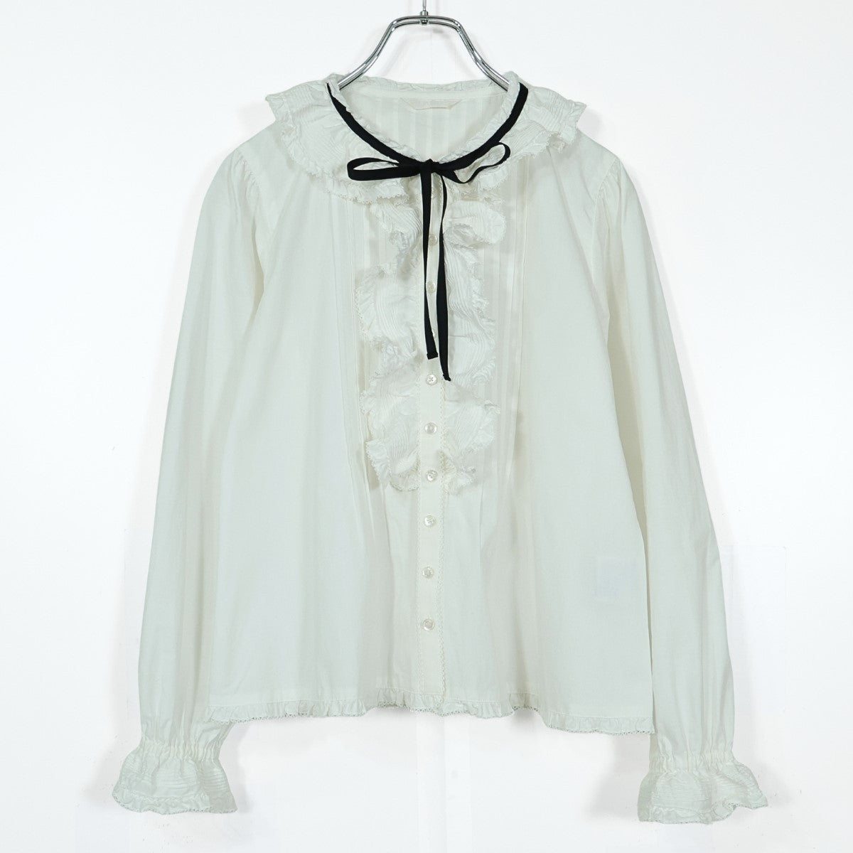 【美品】ピンクハウス★黒リボン使い♪長袖フリルブラウス 白系 前開き 無地 薄手 z22545
