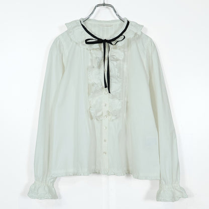 【美品】ピンクハウス★黒リボン使い♪長袖フリルブラウス 白系 前開き 無地 薄手 z22545