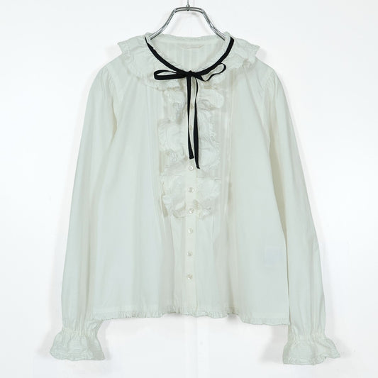 【美品】ピンクハウス★黒リボン使い♪長袖フリルブラウス 白系 前開き 無地 薄手 z22545