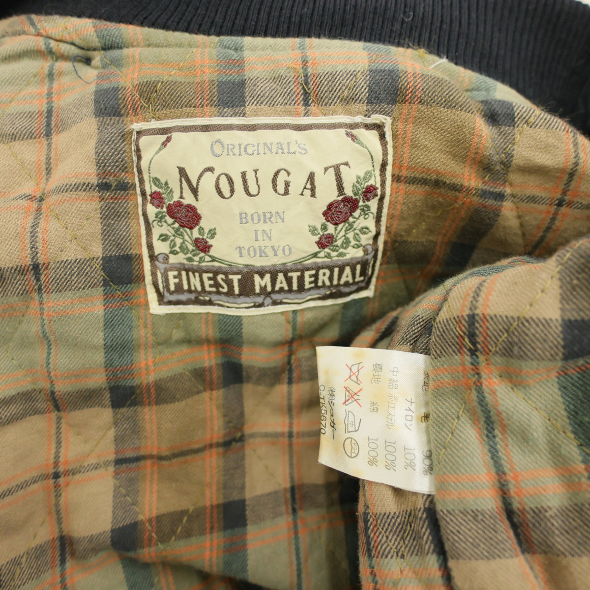NOUGAT ヌガー★くまのさがら刺繍♪フード付きジップアップブルゾン 黒系 チェック柄裏キルティング ウール混♪z23490