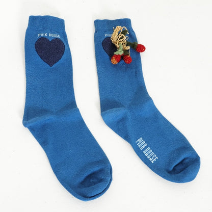 【美品】ピンクハウス★ベリーモチーフ  クルーソックス 靴下 立体ベリーモチーフ付き ハート柄クルーソックス 青系 so352