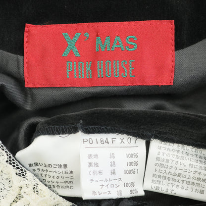 【美品】ピンクハウス★ベルベットX’masドレス ドットチュールレース♪黒ベロアのパフ袖ワンピース  黒系 重ね付けリボン♪厚手 z23244