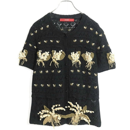 【美品】ピンクハウス★可憐な鈴蘭 カーディガン 小さなスズランもたっぷり♪ 可愛い モチーフ 半袖ニット 黒系＊z12548