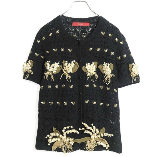 【美品】ピンクハウス★可憐な鈴蘭 カーディガン 小さなスズランもたっぷり♪ 可愛い モチーフ 半袖ニット 黒系＊z12548
