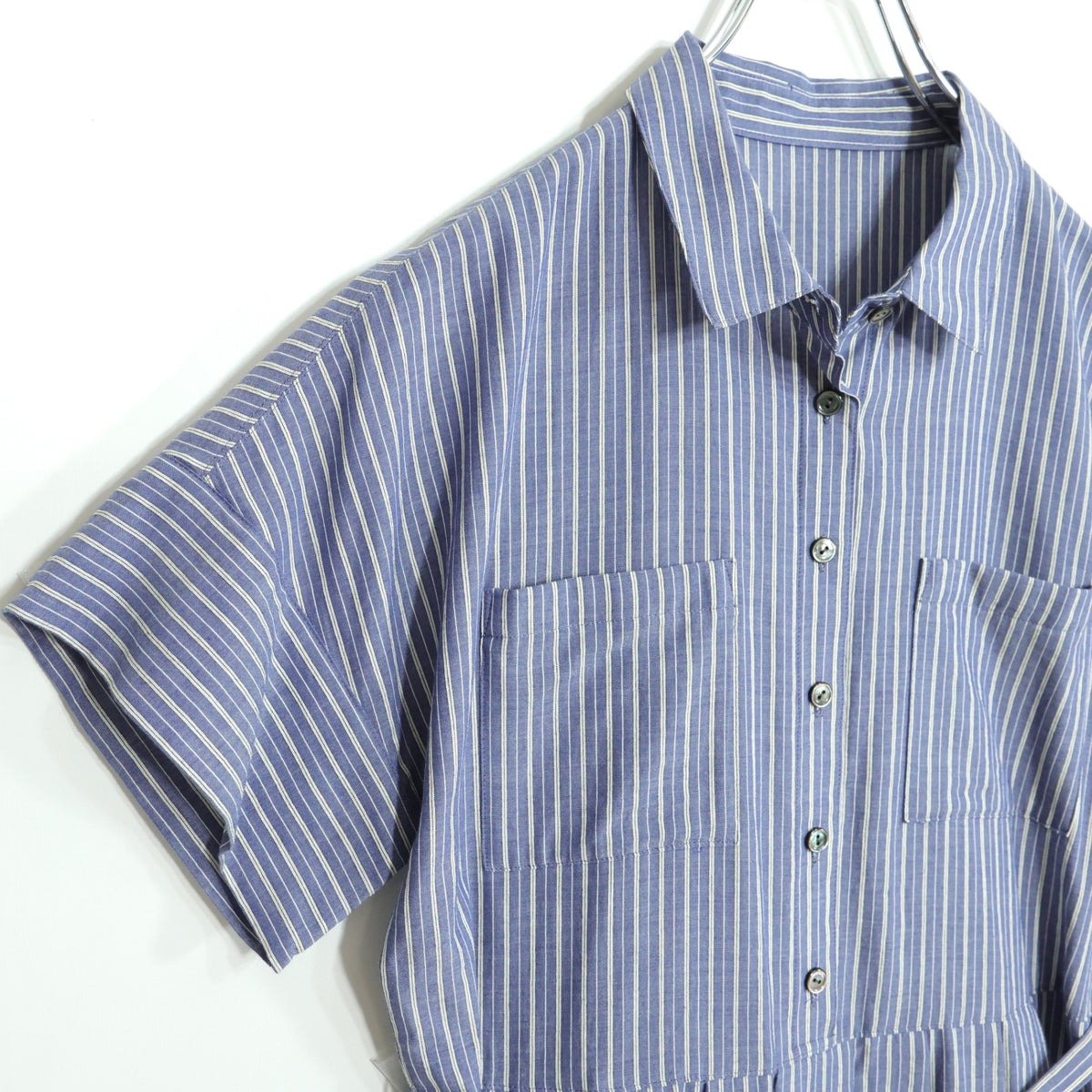 【極美品・紙タグ有】レリアン★涼しげストライプ♪上品なコットンワンピース サイズ7号 紺系 ペチ付 残布有 z22715