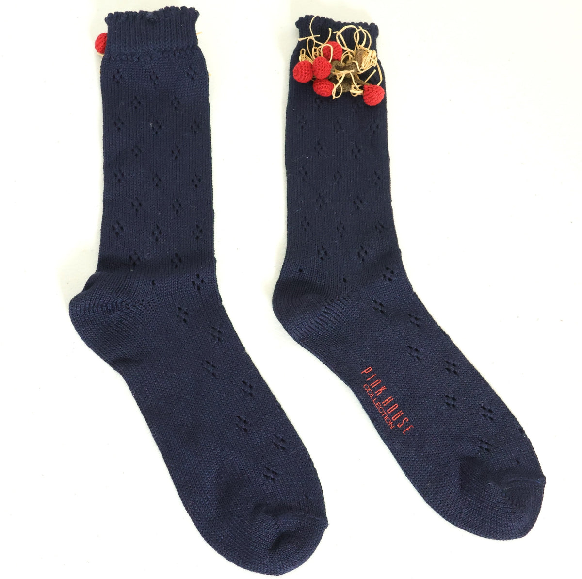 【美品】ピンクハウス★立体ベリーモチーフ付き ダイヤ透かし編みソックス 靴下木の実 濃紺系so356