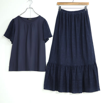 【美品】インゲボルグ★シックで可愛い♪ 編み風レース切替セットアップ 半袖ブラウス ティアード スカート サイズ9号 濃紺系 z23091