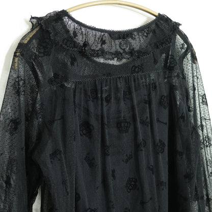 【レア美品】ピンクハウス★王冠&猫♪ドットチュールレースの長袖ブラウス 黒系 キャミ付 z22712