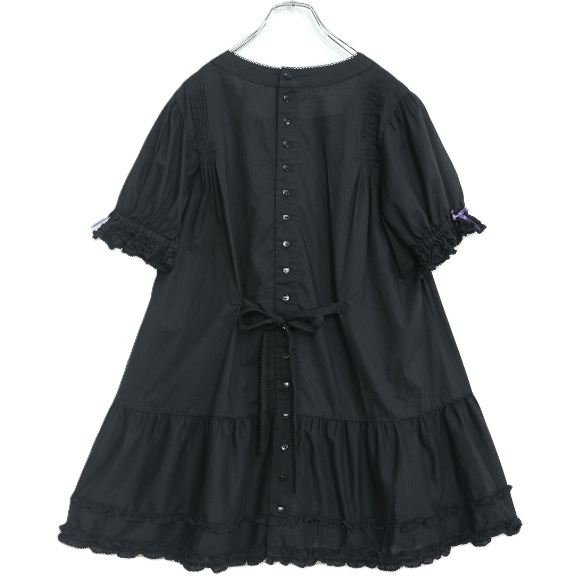 【美品】ピンクハウス★ワンダー・ザ・シー柄♪刺しゅうのミニワンピース 黒系 サテンリボン&フリル♪2024年 z22287