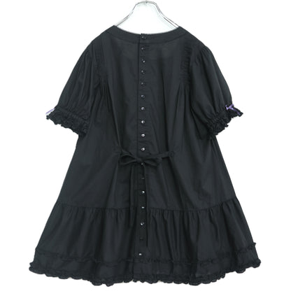 【美品】ピンクハウス★ワンダー・ザ・シー柄♪刺しゅうのミニワンピース 黒系 サテンリボン&フリル♪2024年 z22287