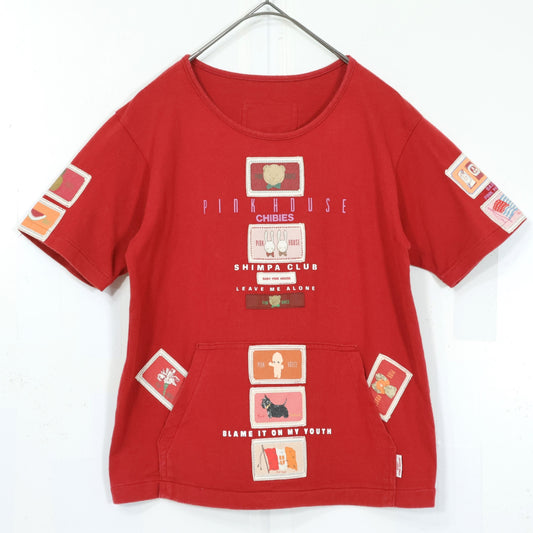 ベビーピンクハウス★ワッペンいっぱい♪半袖Tシャツ 前ポケット キューピー ぬいぐるみクマ ウサギ パフェ サイズL(120cm) 赤系 z21893
