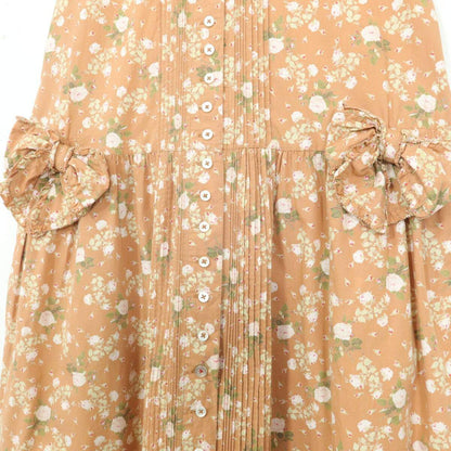 ピンクハウス★大きなリボン♪薔薇のフレンチ袖ワンピース オレンジブラウン系 前開き 薄手 z20712