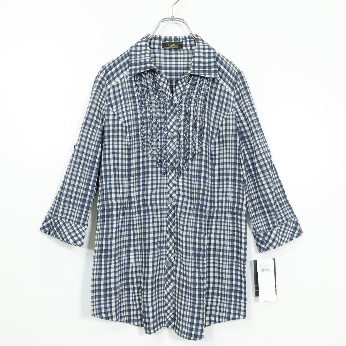 【新品タグ付！】レリアン★涼しげ♪七分袖チュニックブラウス サイズ9 白×紺系 前開き フリル♪薄手 z22586