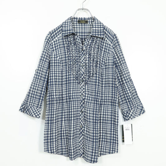 【新品タグ付！】レリアン★涼しげ♪七分袖チュニックブラウス サイズ9 白×紺系 前開き フリル♪薄手 z22586