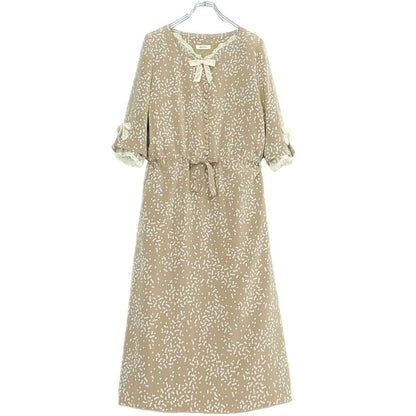 【美品】インゲボルグ★刺繍付チュールレース♪小花ptワンピース ベージュ系 繊細なレースリボン♪薄手 z20079