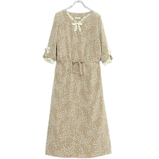 【美品】インゲボルグ★刺繍付チュールレース♪小花ptワンピース ベージュ系 繊細なレースリボン♪薄手 z20079