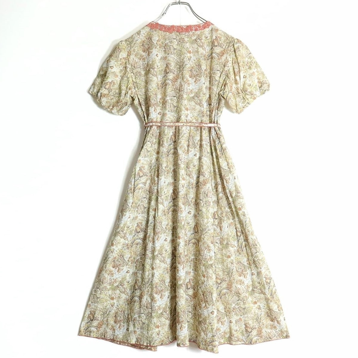 【極美品】ピンクハウス★清楚で可愛い！ バルーン袖♪風景スケッチ柄♪ 半袖ワンピース ミックス系 前開き ＊ z15960