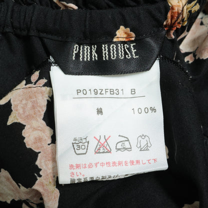 ピンクハウス★大人可愛いハートモチーフ♪薔薇柄 綿ローン リボン付き 半袖ブラウス 黒系 z22923