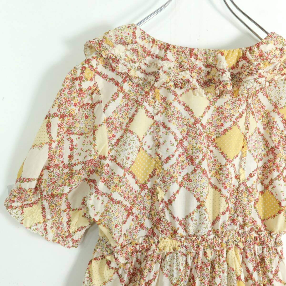 【美品】ピンクハウス★ローズ&ドット♪パッチワーク風ローンチュニックブラウス イエロー系 前開き 段々フリル♪z19582