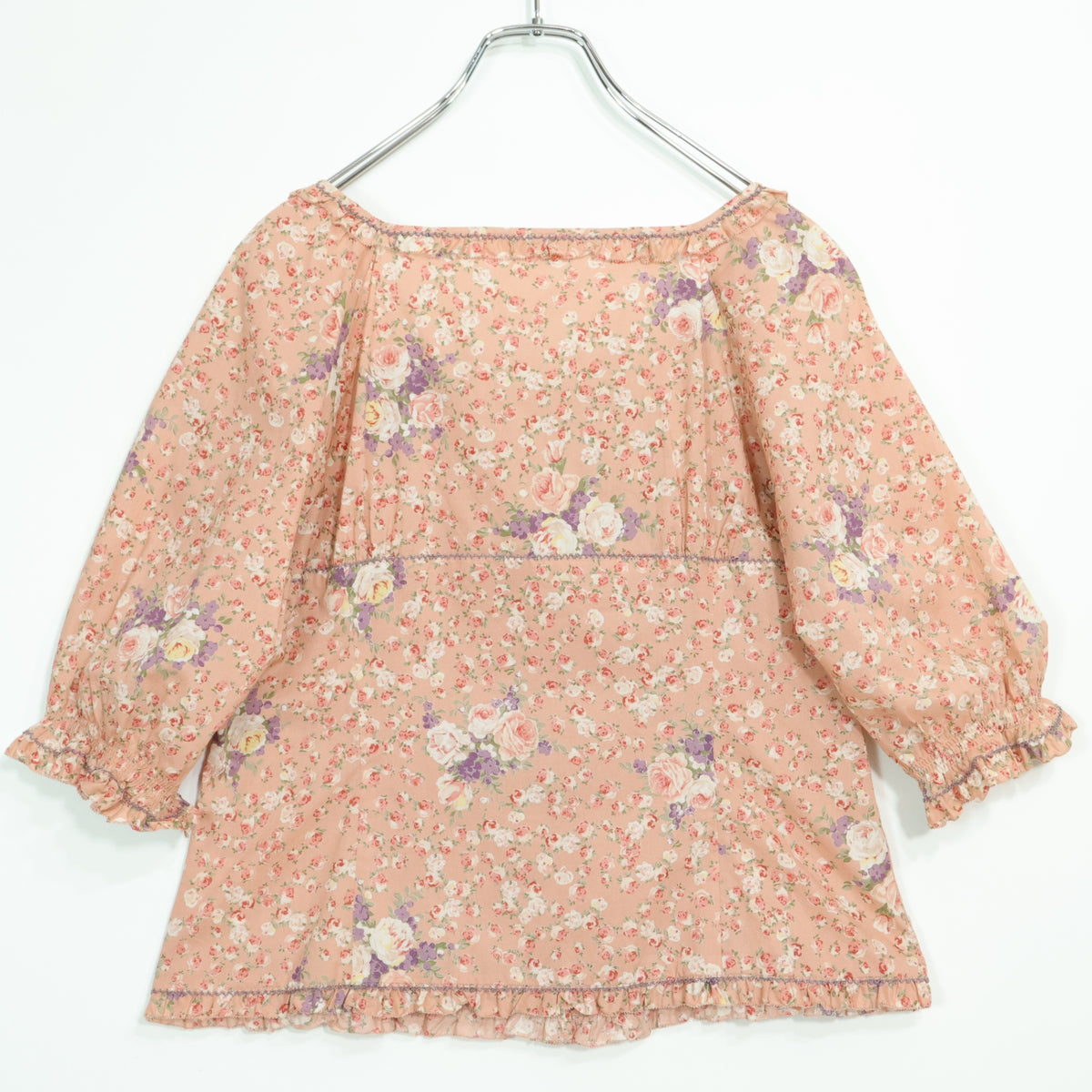 【美品】ピンクハウス★薔薇pt&段々フリル♪スクエアネックブラウス サーモンピンク系 前開き z22913