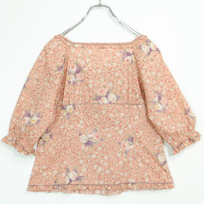 【美品】ピンクハウス★薔薇pt&段々フリル♪スクエアネックブラウス サーモンピンク系 前開き z22913