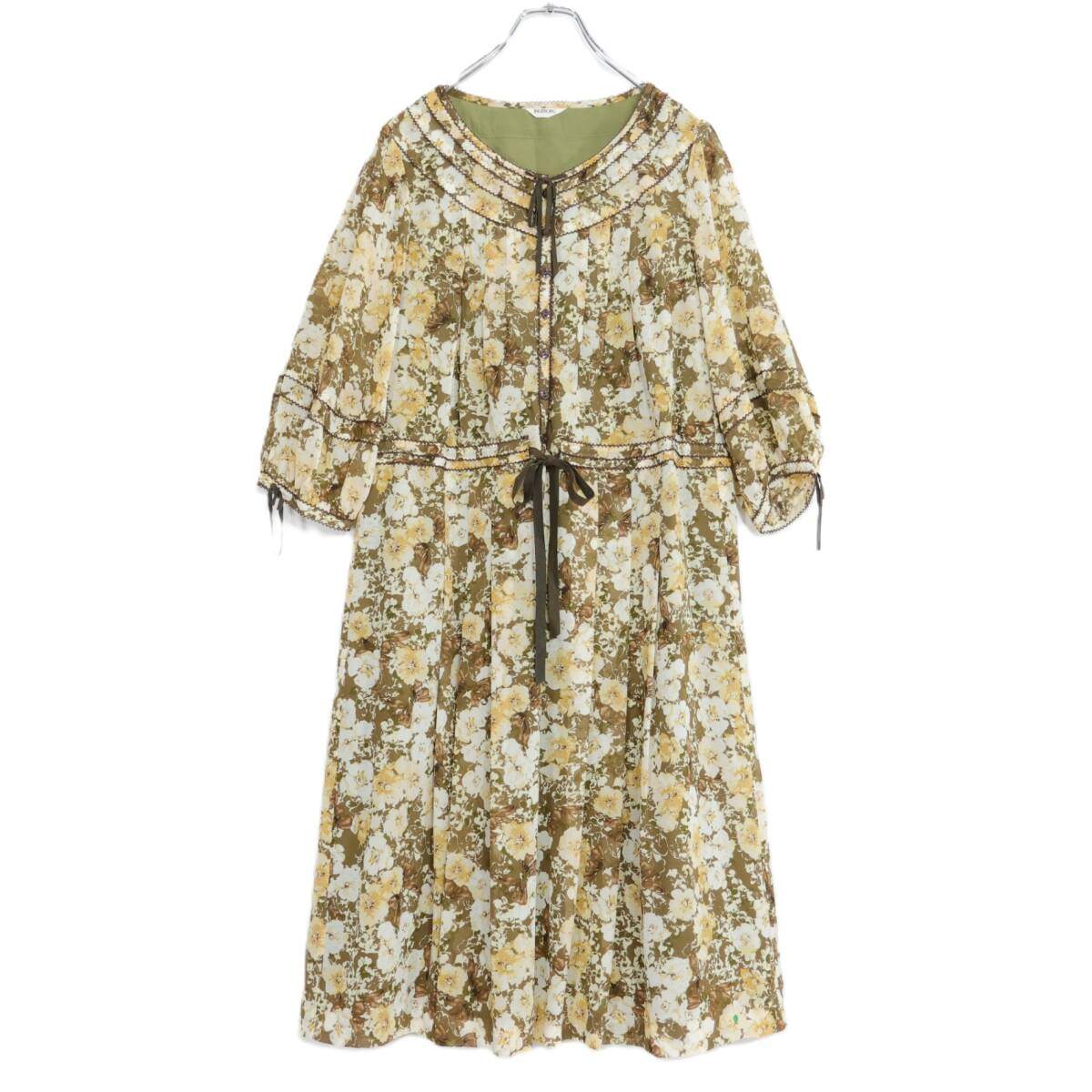【美品】インゲボルグ★大人フェミニン♪シックな花柄シフォンワンピース サイズ9 緑×茶系 薄手 z21349