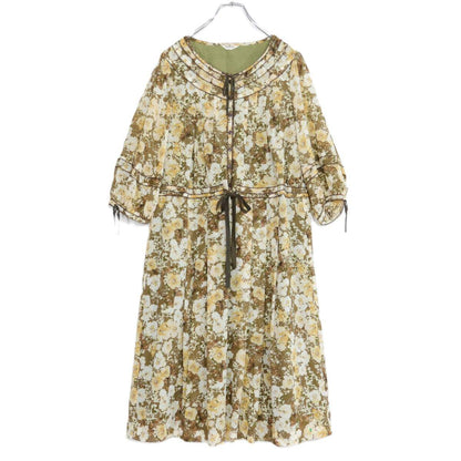 【美品】インゲボルグ★大人フェミニン♪シックな花柄シフォンワンピース サイズ9 緑×茶系 薄手 z21349