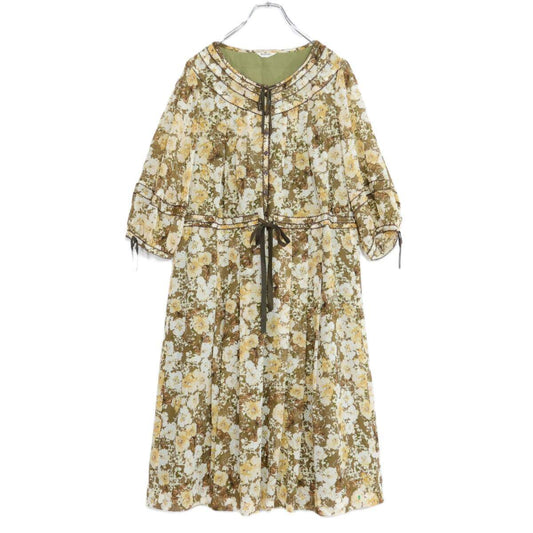【美品】インゲボルグ★大人フェミニン♪シックな花柄シフォンワンピース サイズ9 緑×茶系 薄手 z21349