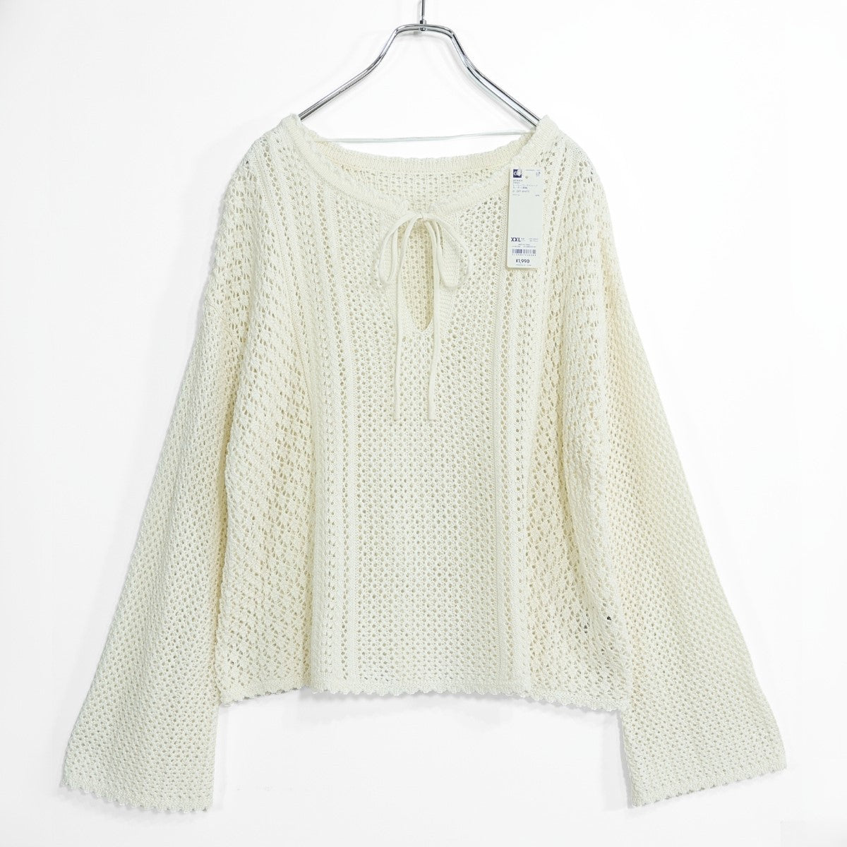 【極美品】ＧＵ★かぎ編みニットプルオーバー♪レーシーフレアスリーブ 大きいXXLサイズ 白系 z22877