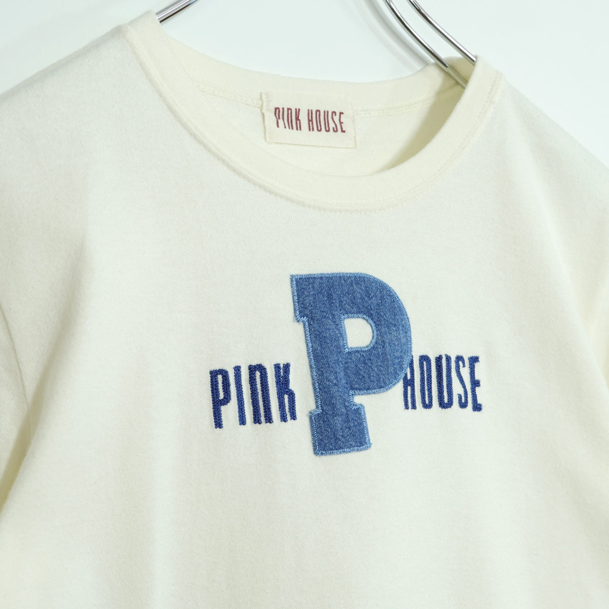 ピンクハウス★デニム地のPロゴワッペンが可愛い♪ 半袖カットソー・Tシャツ サイズL アイボリー系 z2204