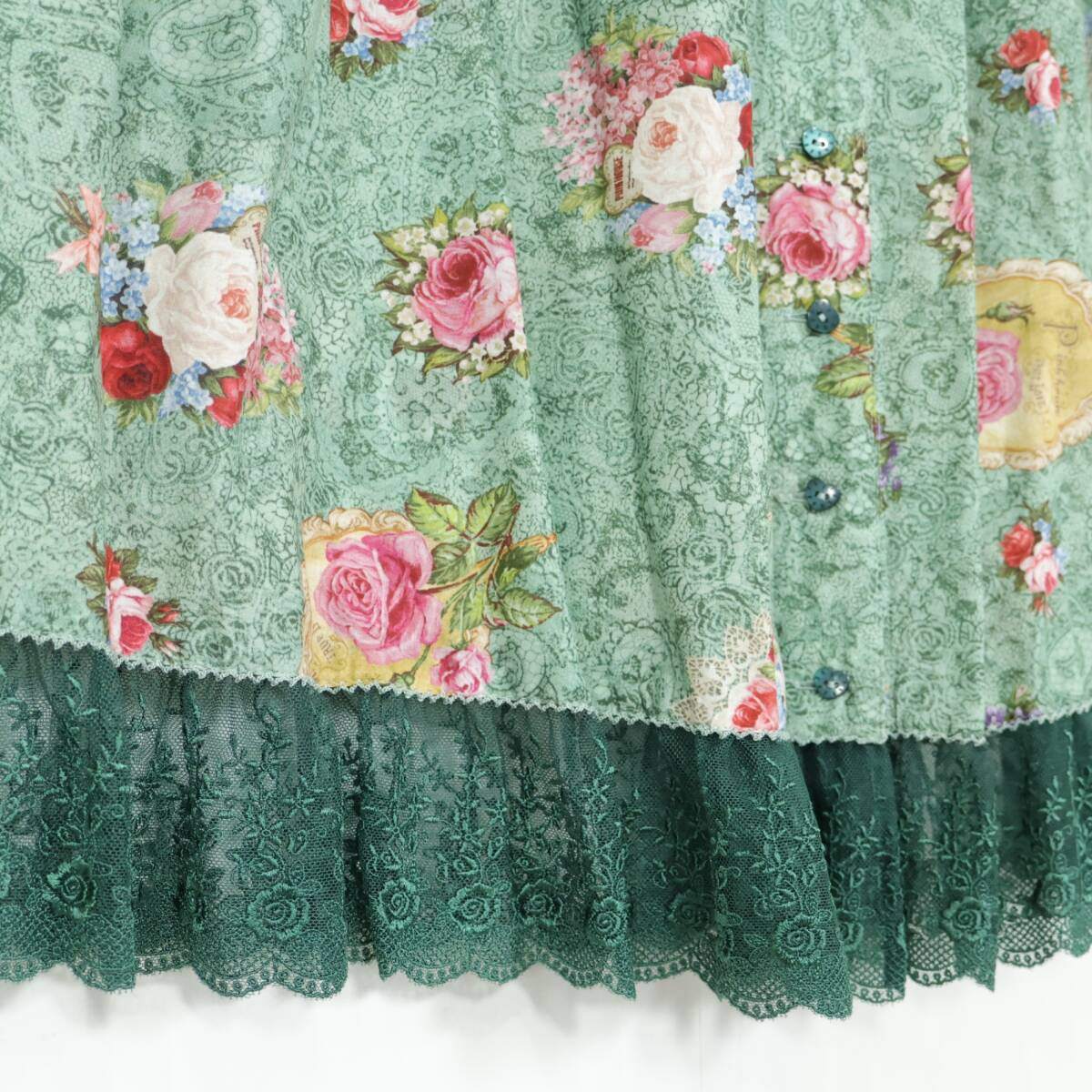 【美品！】ピンクハウス★勿忘草・薔薇・鈴蘭のブーケptが素敵♪ 刺繍付レース裾のレースフラワー柄ローンスカート グリーン系 z21370