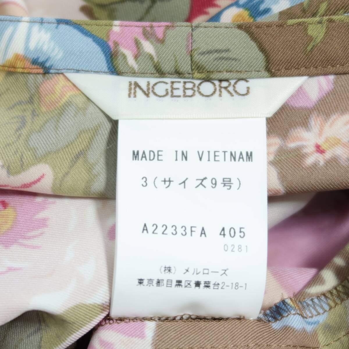 【極美品】インゲボルグ★カラフル♪花柄ワンピース サイズ9号 茶系 ピンタック使い♪2023年製 z20950