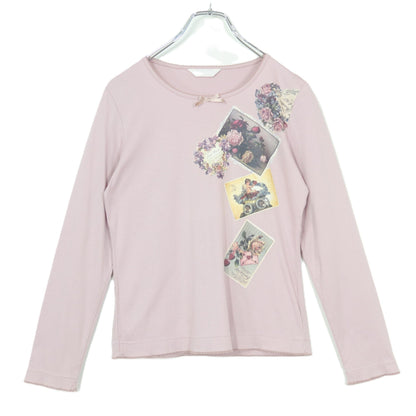 【美品】ピンクハウス★ヴィクトリアンカードpt♪長袖カットソー サイズM ピンク系 サテンリボン&ピコレース♪薄手 z20660