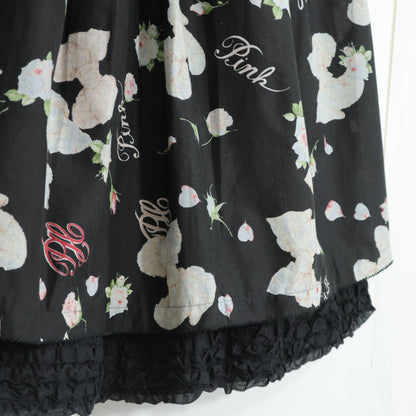 【美品】ピンクハウス★リボン&薔薇pt♪ローンギャザースカート 黒系 段々フリルがちら見え♪薄手 z22519