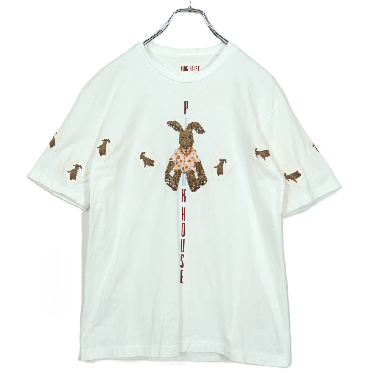 ピンクハウス★うさぎにぬいぐるみプリントとワッペン♪ 可愛い半袖カットソー・Tシャツ ゆったりシルエット 白系 z22514