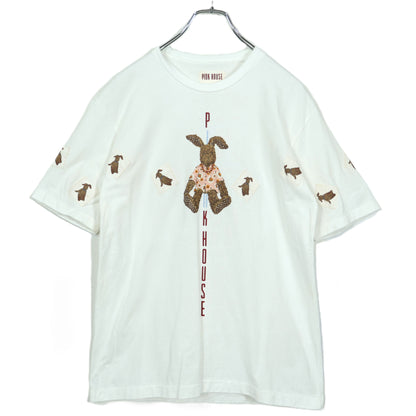 ピンクハウス★うさぎにぬいぐるみプリントとワッペン♪ 可愛い半袖カットソー・Tシャツ ゆったりシルエット 白系 z22514