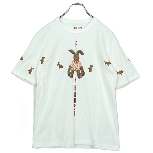ピンクハウス★うさぎにぬいぐるみプリントとワッペン♪ 可愛い半袖カットソー・Tシャツ ゆったりシルエット 白系 z22514