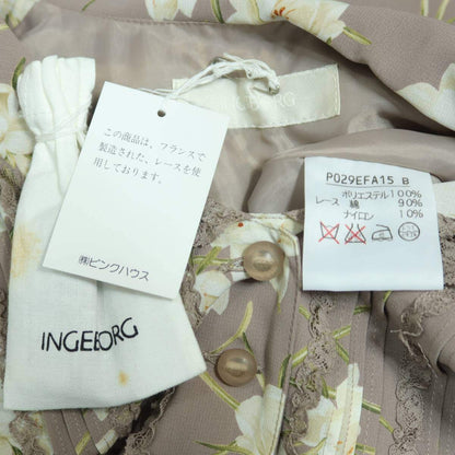【美品】インゲボルグ★上品！レースフリル使い♪花柄ワンピース 半袖 薄茶系 残布有 薄手 ＊z20067