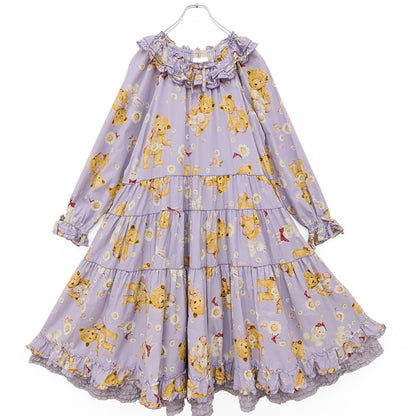 【極美品】ピンクハウス★ひな菊ロンドpt♪ミディ丈ワンピース ラベンダー系 裾段々フリル♪2023年 薄手 z23296