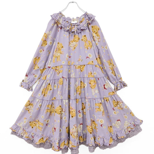 【極美品】ピンクハウス★ひな菊ロンドpt♪ミディ丈ワンピース ラベンダー系 裾段々フリル♪2023年 薄手 z23296