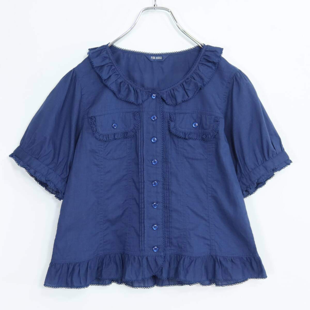 【美品】ピンクハウス★繊細ピコレースが可愛い♪ 五分袖ブラウス 綿ローン サイズM 紺系 z19975