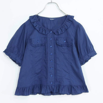 【美品】ピンクハウス★繊細ピコレースが可愛い♪ 五分袖ブラウス 綿ローン サイズM 紺系 z19975