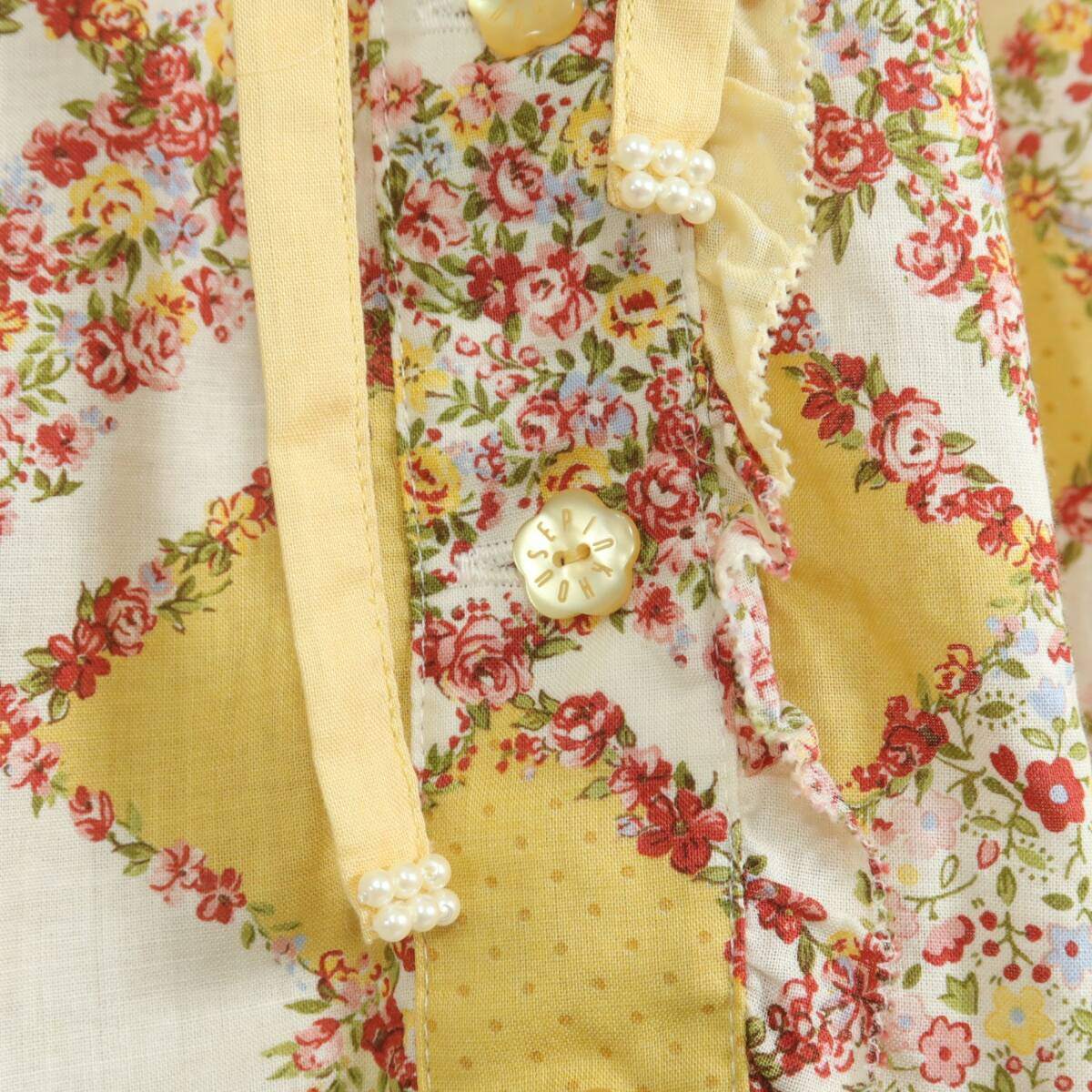 【美品】ピンクハウス★ローズ&ドット♪パッチワーク風ローンチュニックブラウス イエロー系 前開き 段々フリル♪z19582