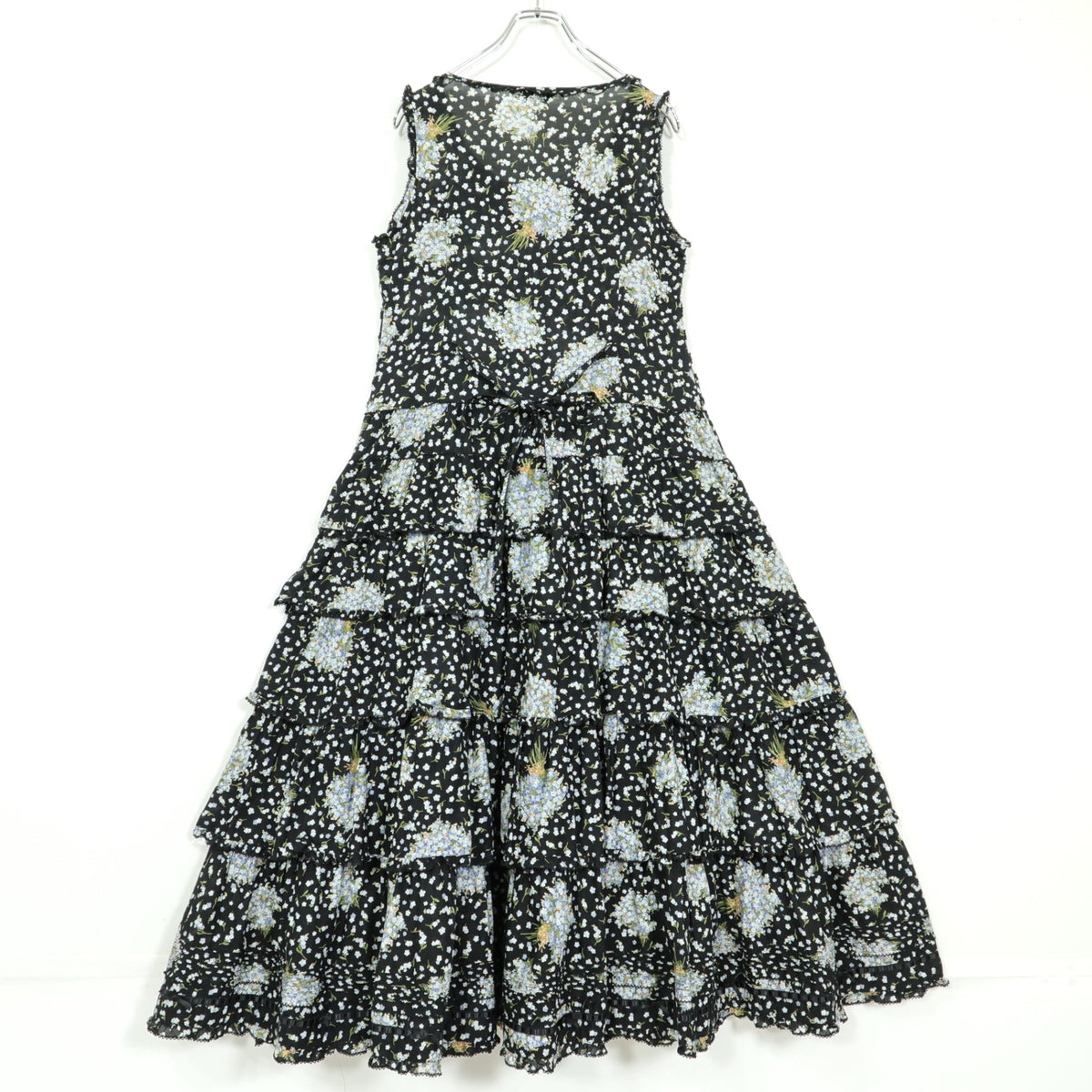 【美品】ピンクハウス★勿忘草pt&かぶせ段々♪ローンワンピース 黒系 前開き リボンも♪z22563